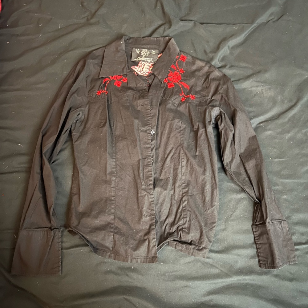 Collectif embroidered western shirt with flowers and swallow